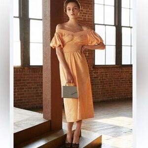 6 A.L.C. Adena Puff Sleeve ON/Off Shoulder Midi Dress Cantaloupe Women's Pastel